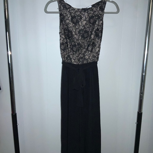 Calvin Klein lace bodice sleeveless jumpsuit Sz 2 slinky black pants tie sash - Picture 1 of 8